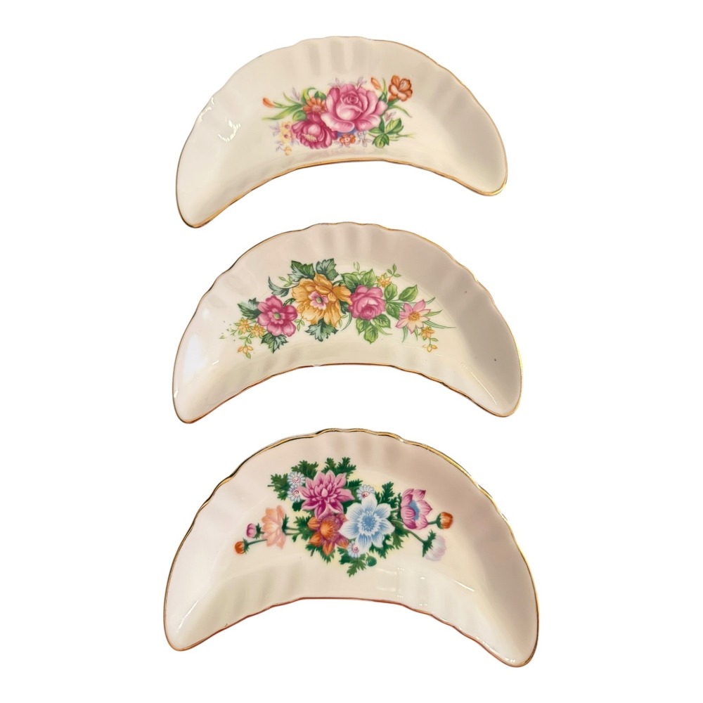 Vintage Floral Crescent Bone Dishes Gold Rim Scalloped Bone China Set of 3